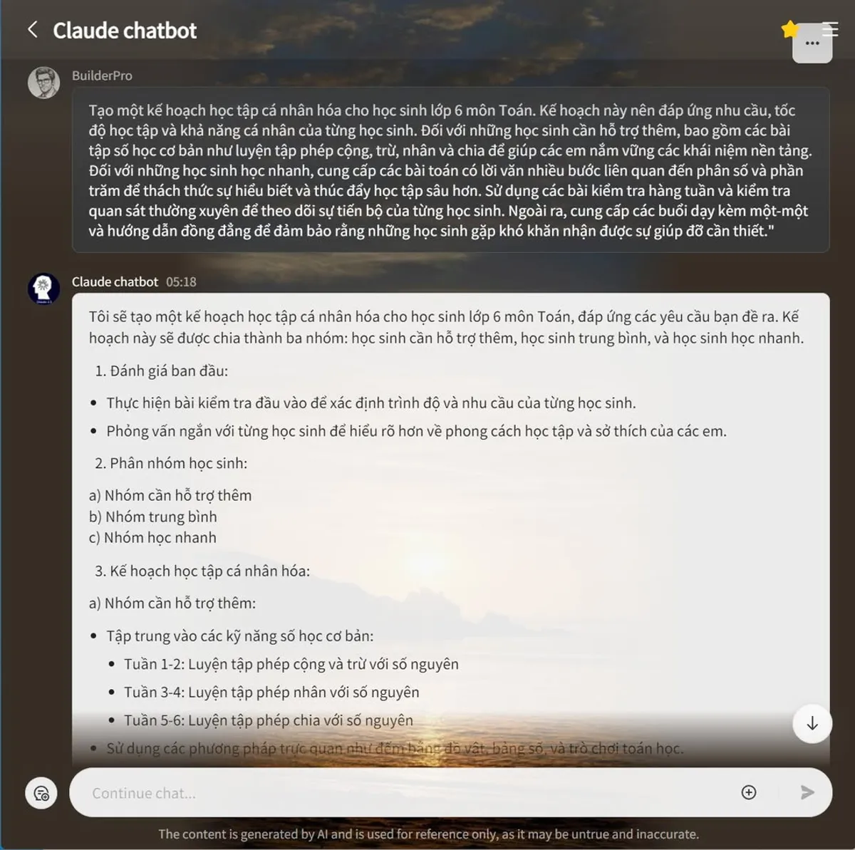 Ảnh chụp ví dụng vào ChatBot